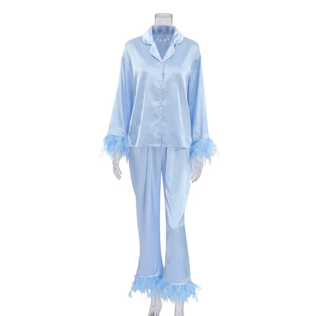 women luxurious satin pyjamas with feathered sleeved