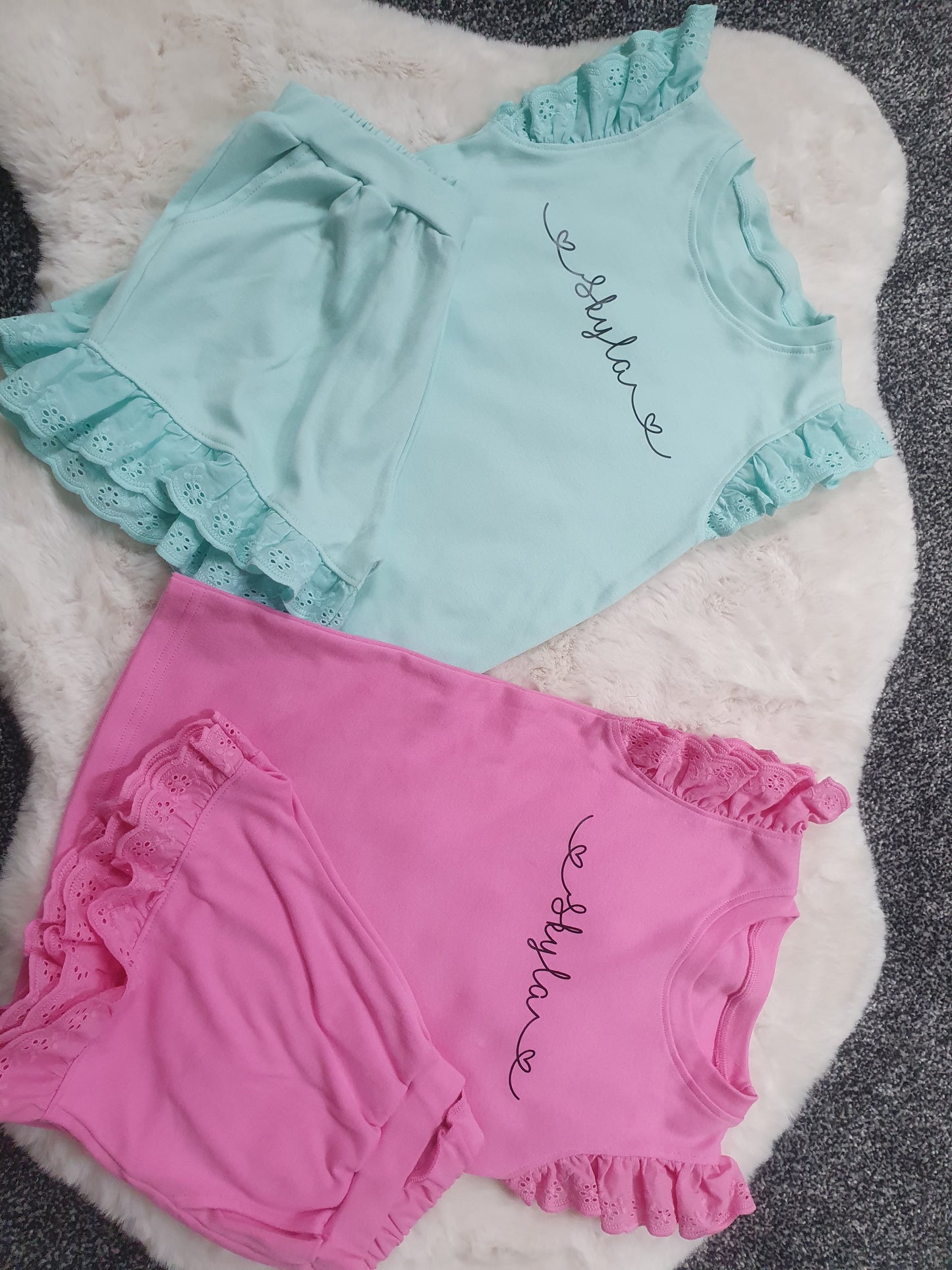 Girls summer Anglaise frill shorts and tee sets