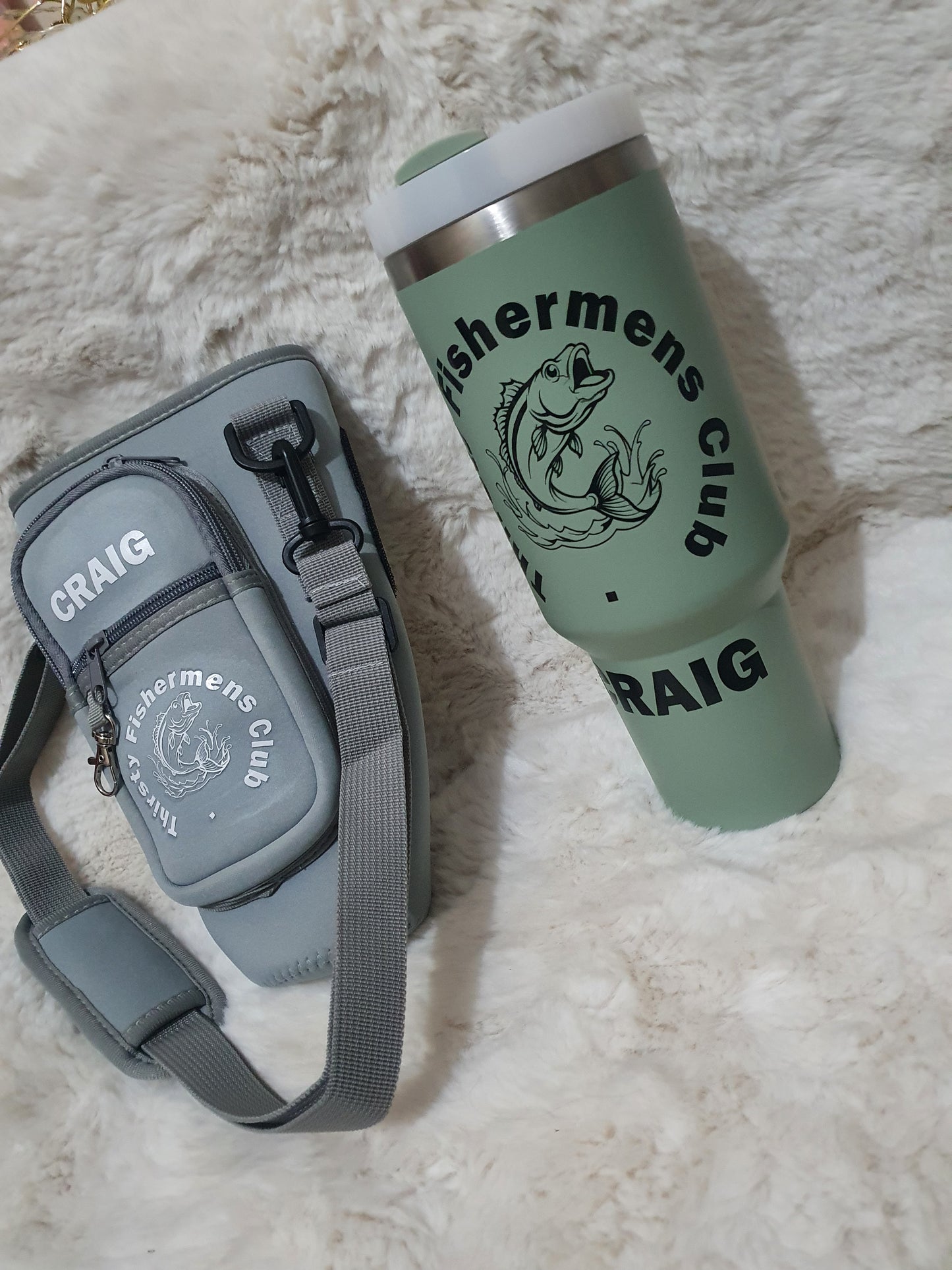 Thirsty fishermen's club 40oz tumbler and tumbler shoulder bag.