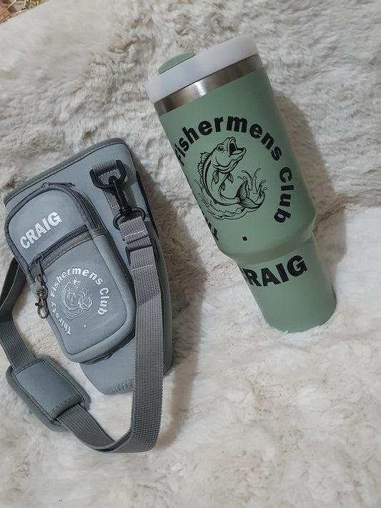 Thirsty fishermen's club 40oz tumbler and tumbler shoulder bag.