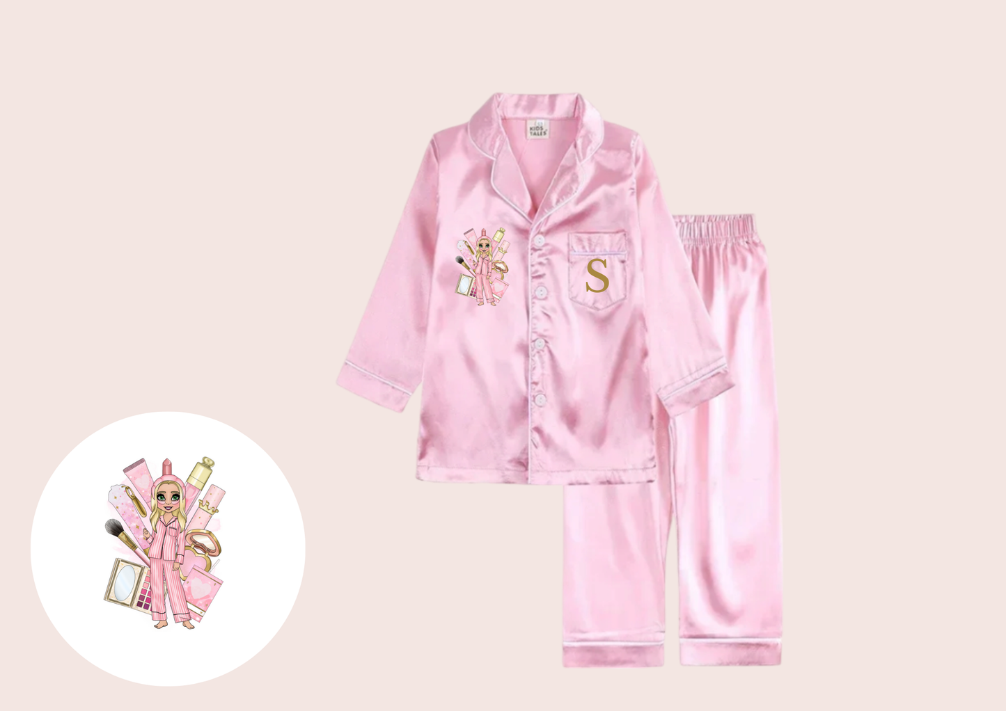 Makeup dolly satin pyjamas kids/adults