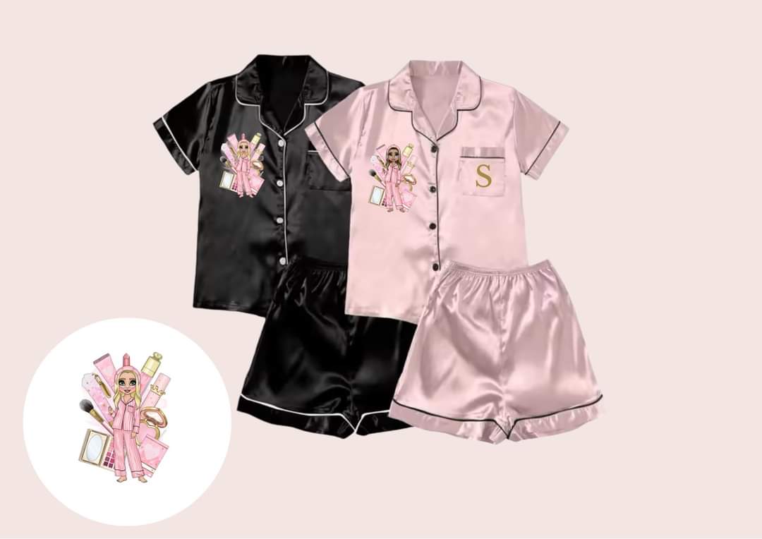 Makeup dolly satin pyjamas kids/adults