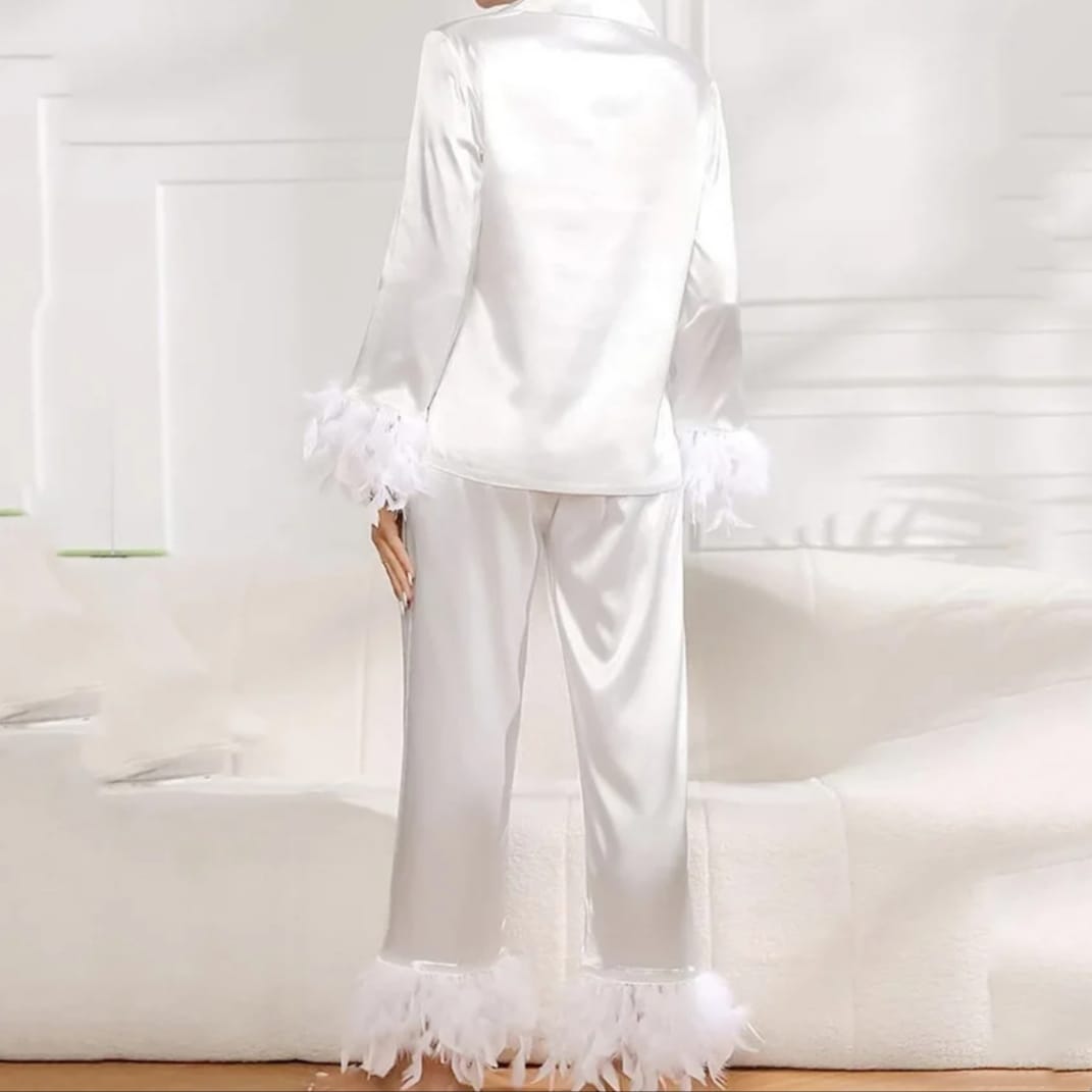 women luxurious satin pyjamas with feathered sleeved