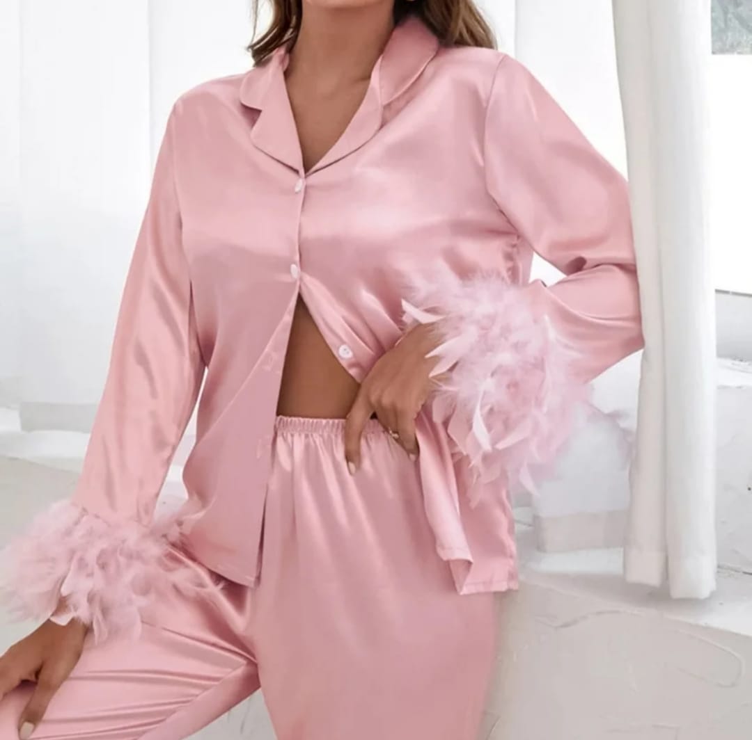 women luxurious satin pyjamas with feathered sleeved