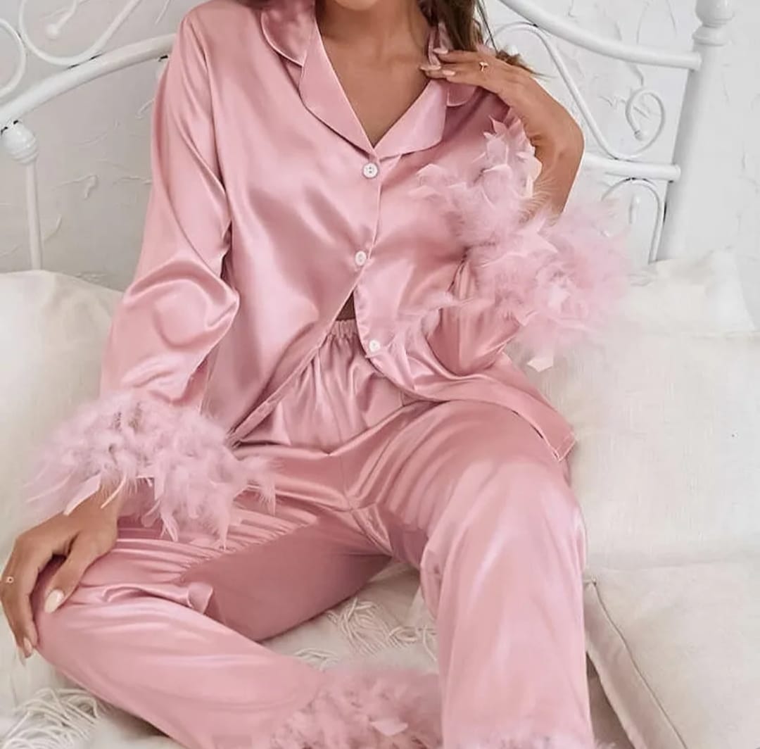 women luxurious satin pyjamas with feathered sleeved